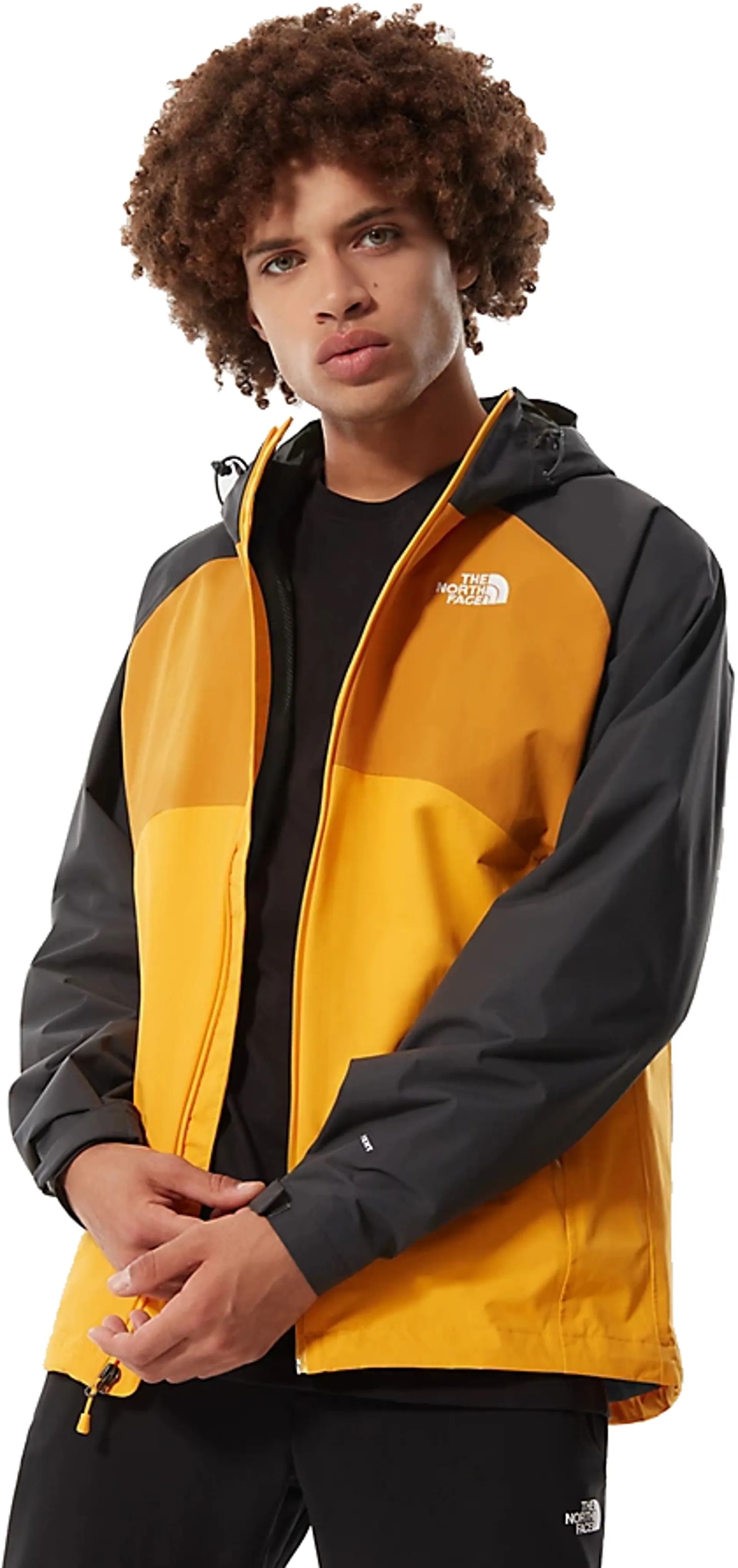 yellow north face orange coat