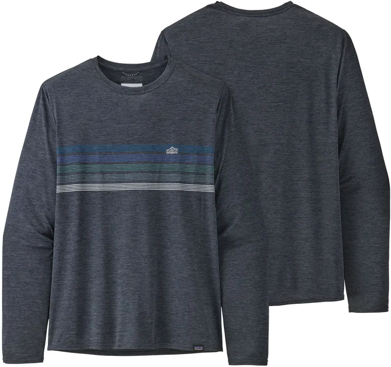 Patagonia Mens Long Sleeved Cap Cool Daily Graphic Shirt - Line Logo Ridge Stripe: Smolder Blue X-Dye-2
