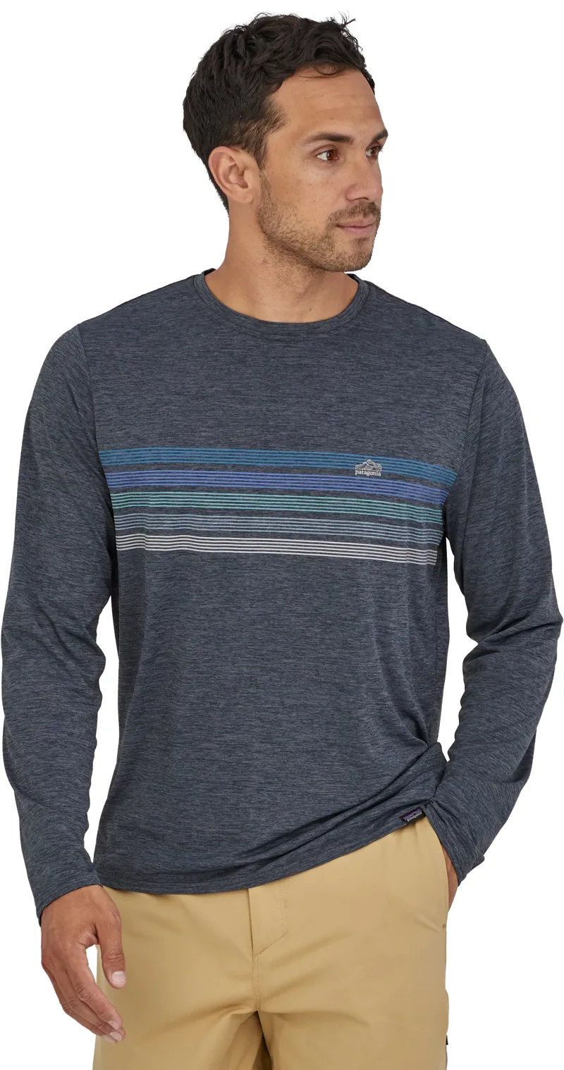 Patagonia Mens Long Sleeved Cap Cool Daily Graphic Shirt - Line Logo Ridge Stripe: Smolder Blue X-Dye-3