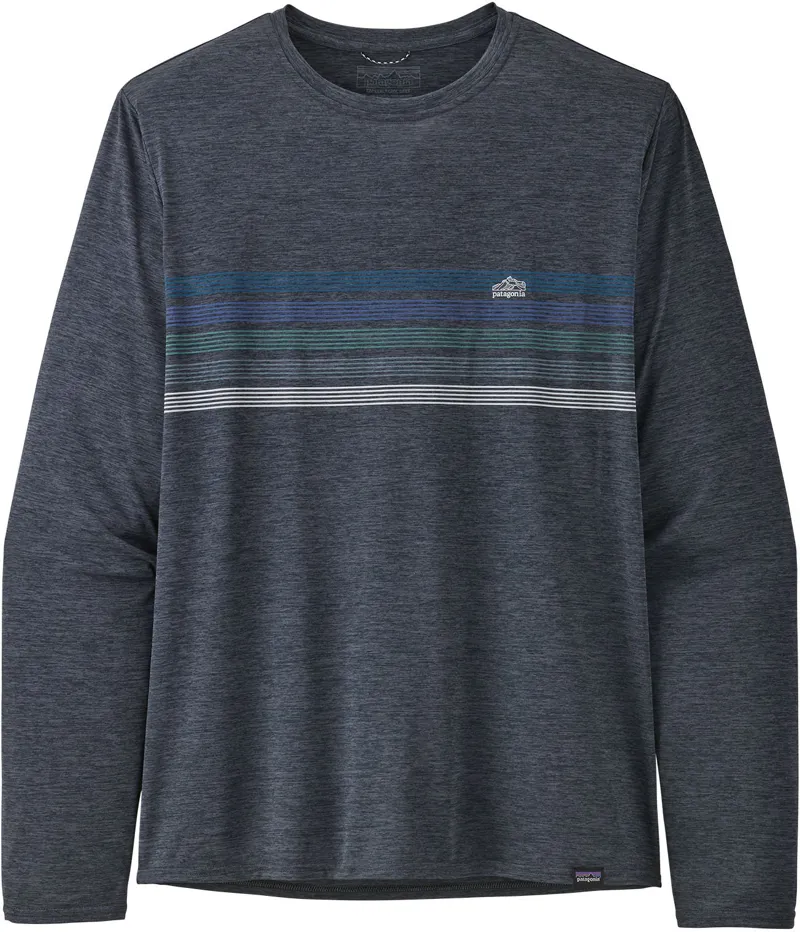 Patagonia Mens Long Sleeved Cap Cool Daily Graphic Shirt - Line Logo Ridge Stripe: Smolder Blue X-Dye
