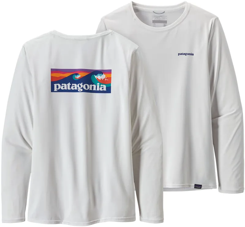 Patagonia Womens Long Sleeved Cap Cool Daily Graphic Shirt - Boardshort Logo-White-2