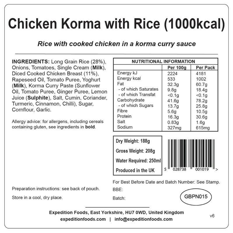 Expedition Foods Chicken Korma with Rice - 1000kcal-1