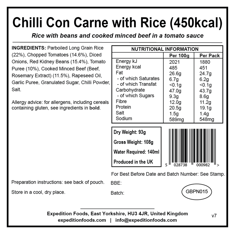 Expedition Foods Chilli Con Carne with Rice - 450kcal-1