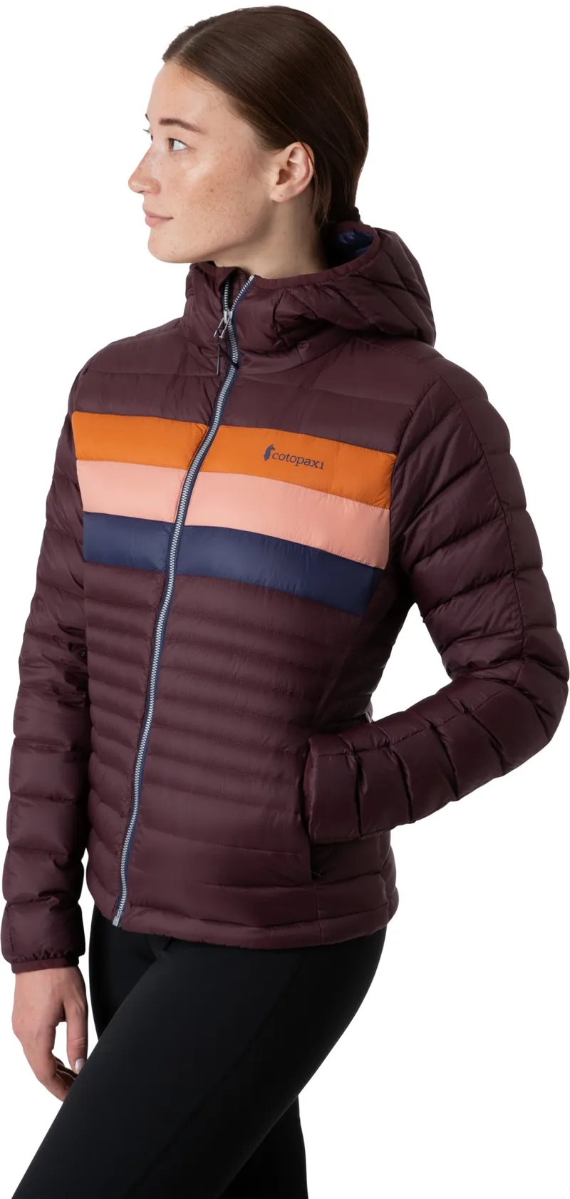 Cotopaxi Womens Fuego Down Hooded Jacket - Black Iris Stripes-4