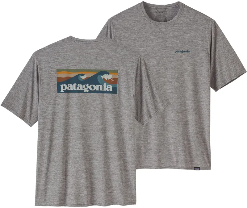 Patagonia Mens Cap Cool Daily Graphic Shirt - Waters - Boardshort Logo Abalone Blue-Feather Grey
