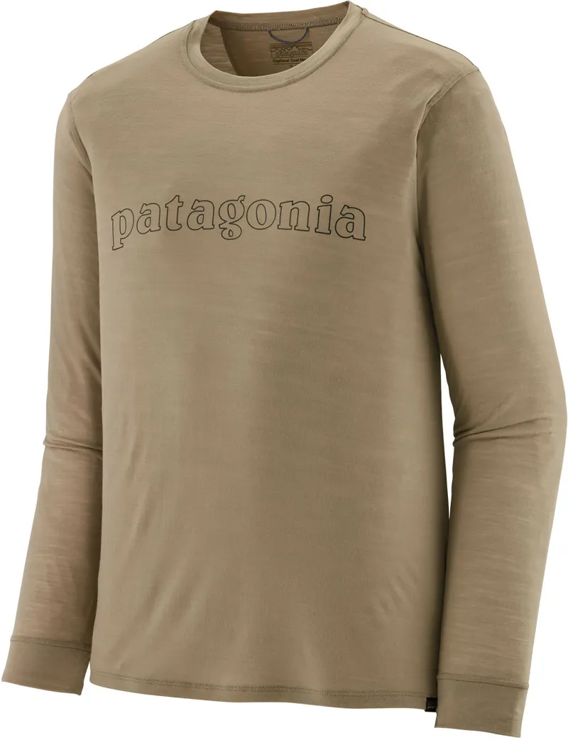 Patagonia Mens Long Sleeved Cap Cool Merino Blend Graphic Shirt - Outline Text Logo-Seabird Grey