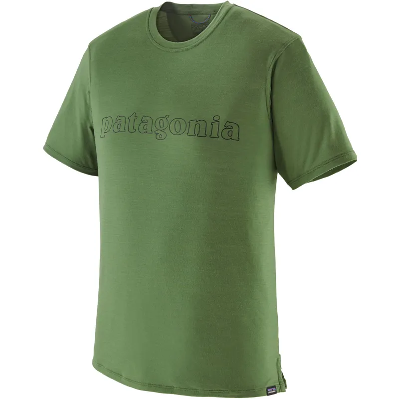 Patagonia Mens Cap Cool Merino Graphic Shirt - Outline Text Logo-Terrain Green