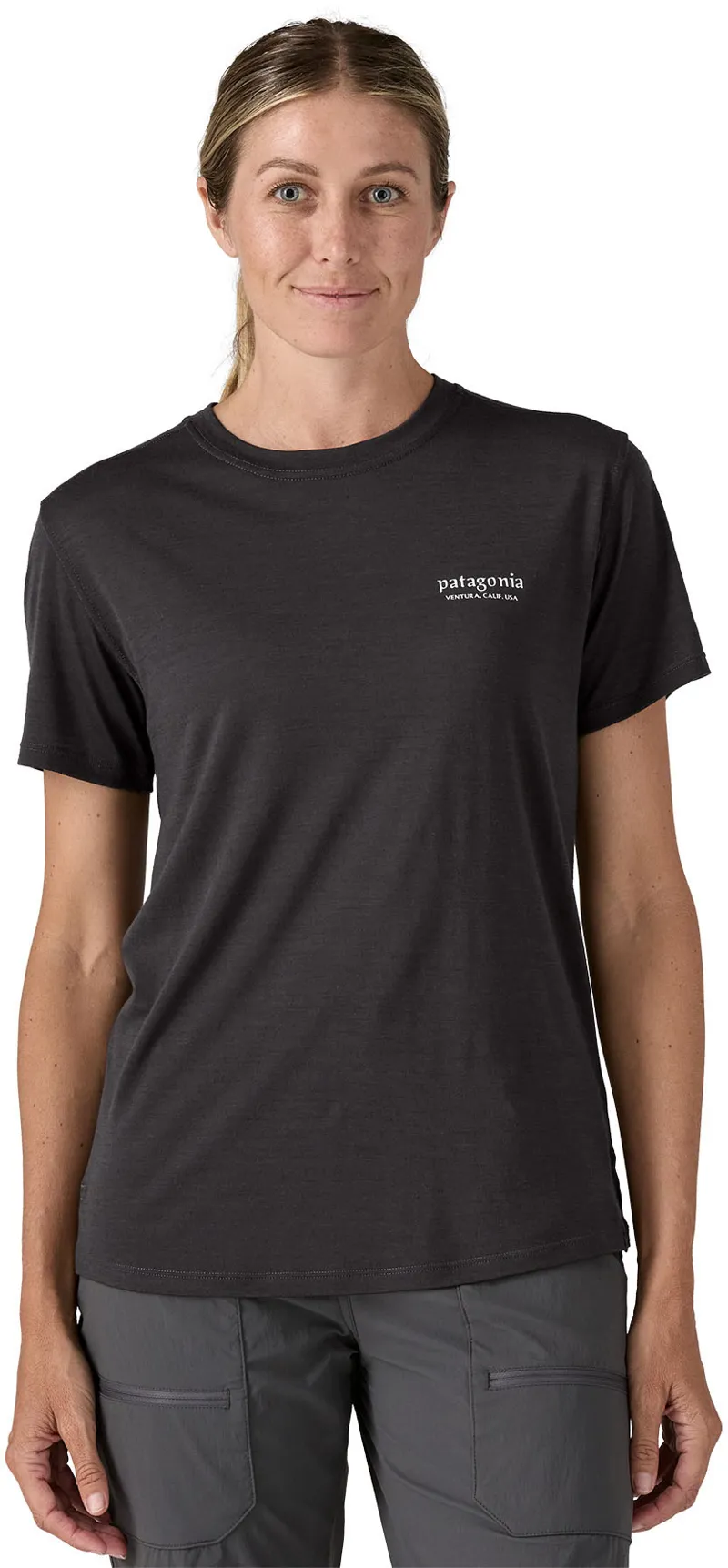 Patagonia Womens Cap Cool Merino Blend Graphic Shirt - Heritage Header-Black-1