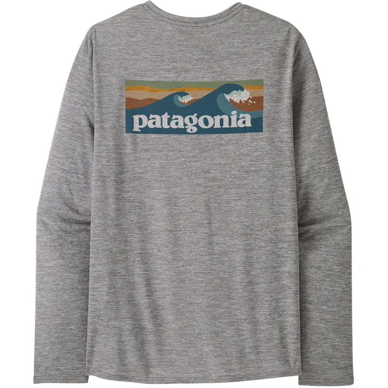 Patagonia Mens Long Sleeved Cap Cool Daily Graphic Shirt - Waters - Boardshort Logo-Abalone Blue-Feather Grey-2