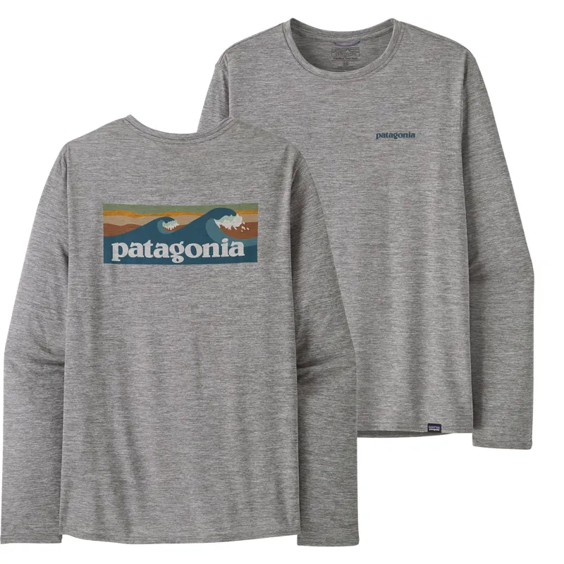 Patagonia Mens Long Sleeved Cap Cool Daily Graphic Shirt - Waters - Boardshort Logo-Abalone Blue-Feather Grey