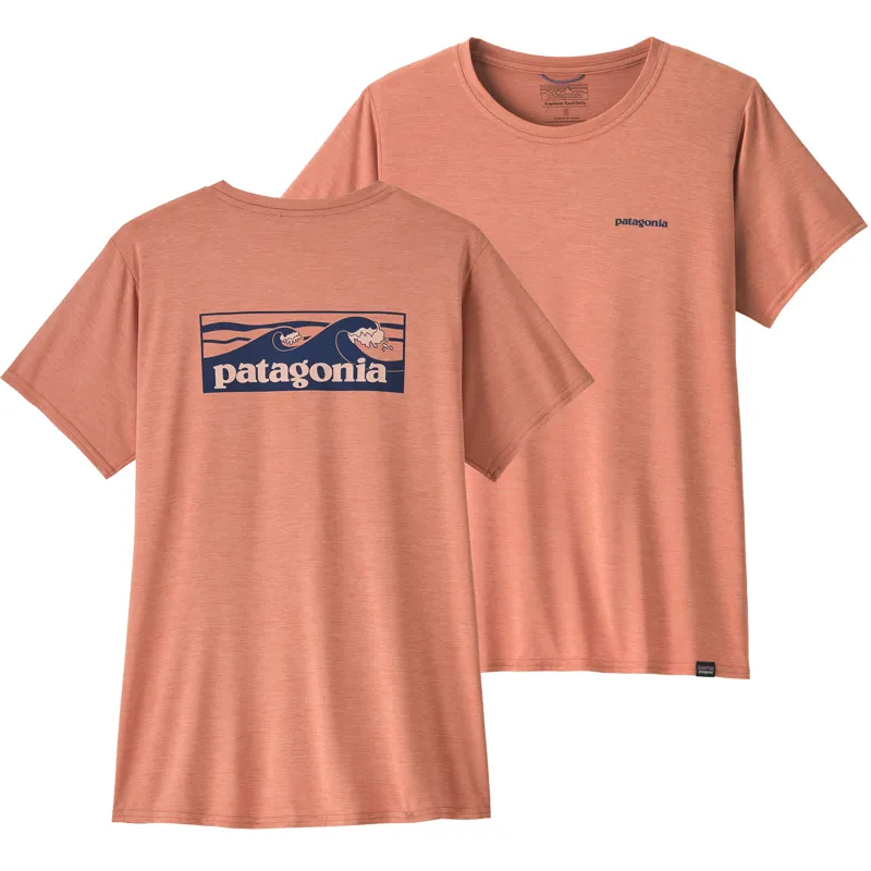 Patagonia Womens Cap Cool Daily Graphic Shirt - Waters - Boardshort Logo Tones-Moment Pink X-Dye