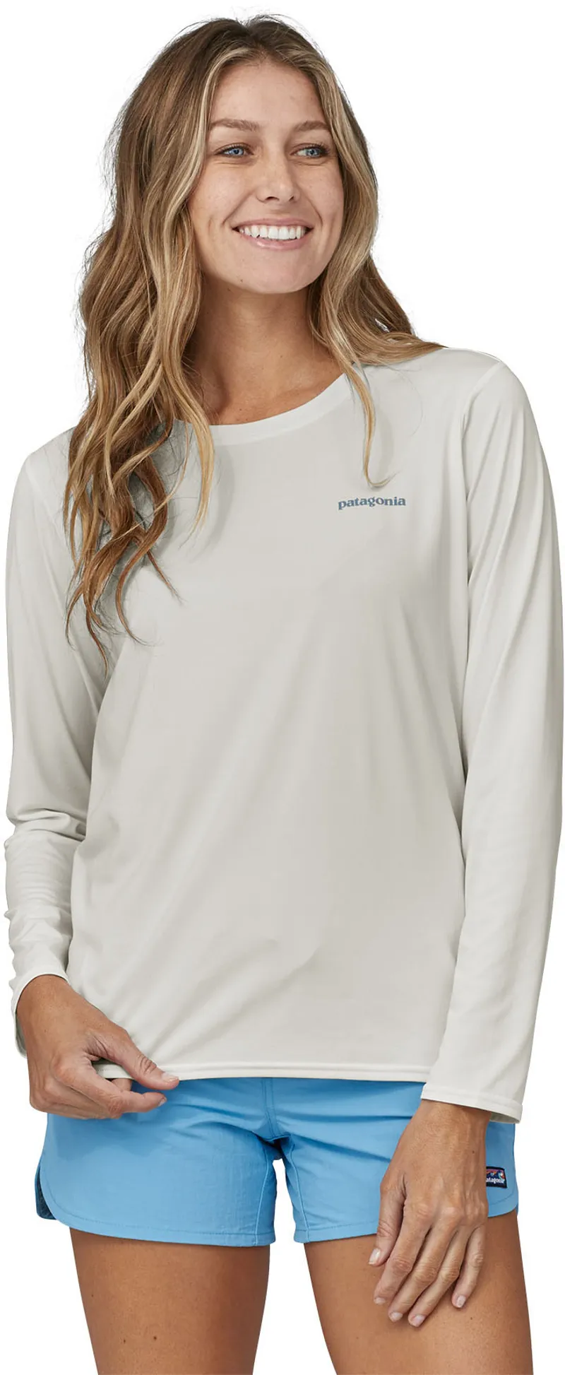Patagonia Womens Long Sleeved Cap Cool Daily Graphic Shirt - Waters - Boardshort Logo Light Plume Grey-White-5