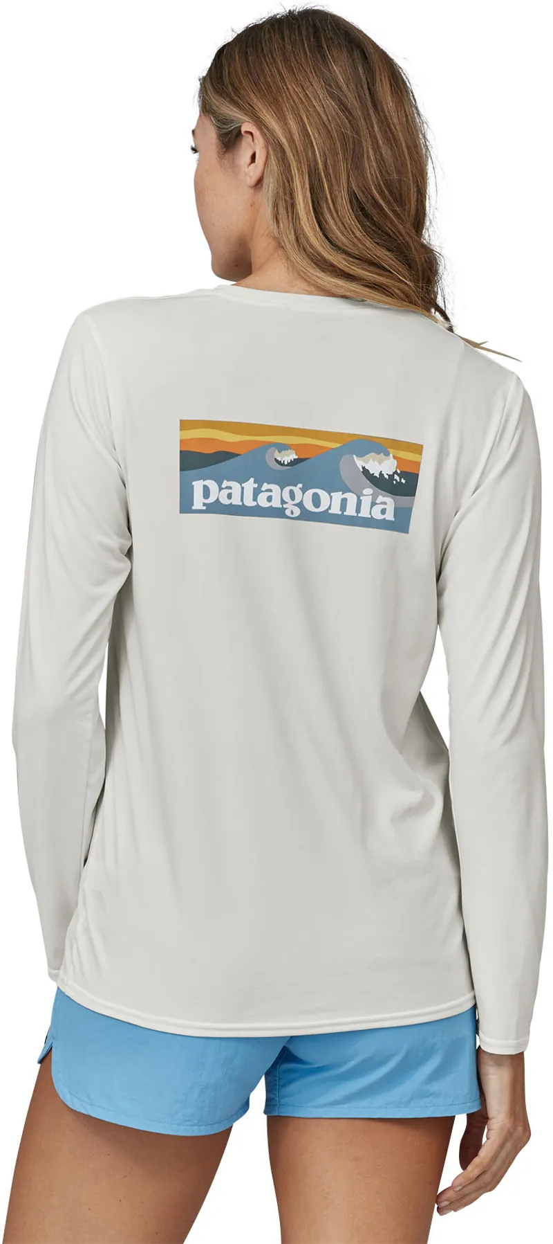Patagonia Womens Long Sleeved Cap Cool Daily Graphic Shirt - Waters - Boardshort Logo Light Plume Grey-White-6