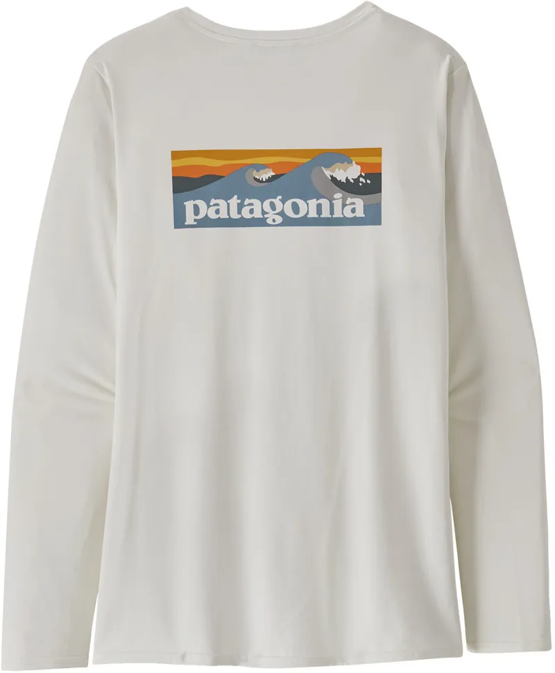 Patagonia Womens Long Sleeved Cap Cool Daily Graphic Shirt - Waters - Boardshort Logo Light Plume Grey-White-1