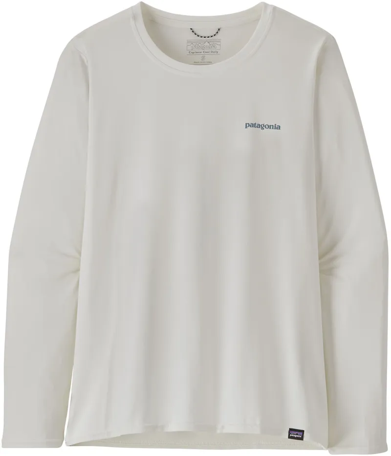 Patagonia Womens Long Sleeved Cap Cool Daily Graphic Shirt - Waters - Boardshort Logo Light Plume Grey-White-2