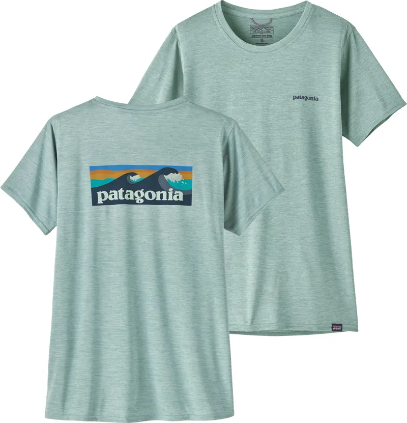 Patagonia Womens Cap Cool Daily Graphic Shirt - Waters - Boardshort Logo-Thermal Blue X-Dye