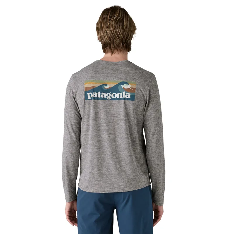 Patagonia Mens Long Sleeved Cap Cool Daily Graphic Shirt - Waters - Boardshort Logo-Abalone Blue-Feather Grey-4