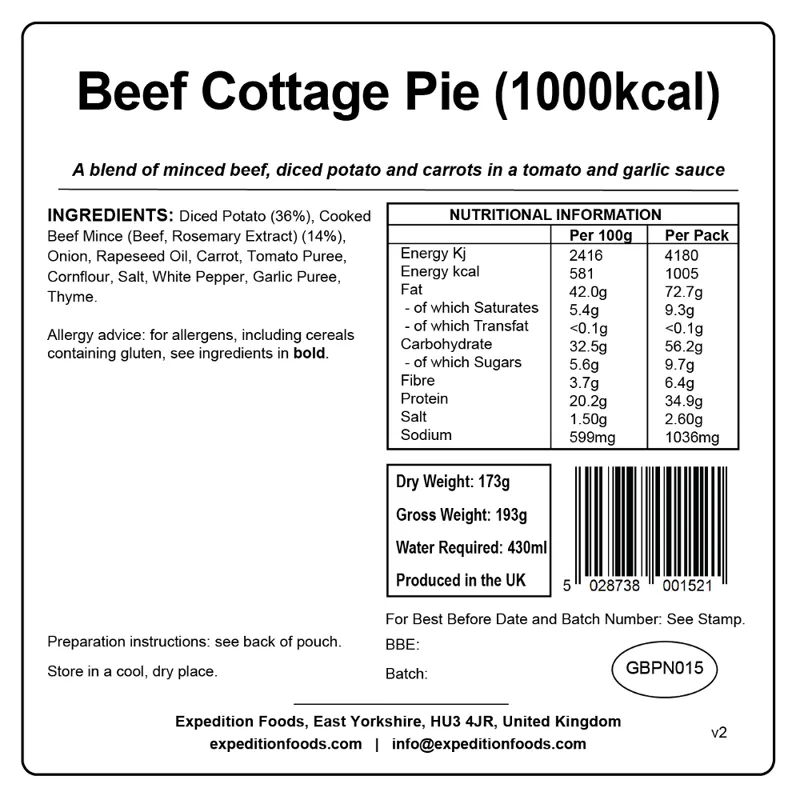 Expedition Foods Beef Cottage Pie - 1000kcal-1