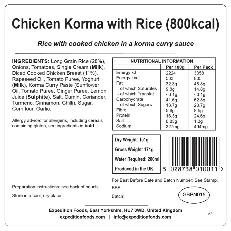 Expedition Foods Chicken Korma with Rice - 800kcal-1