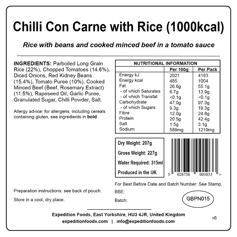 Expedition Foods Chilli Con Carne with Rice - 1000kcal-1