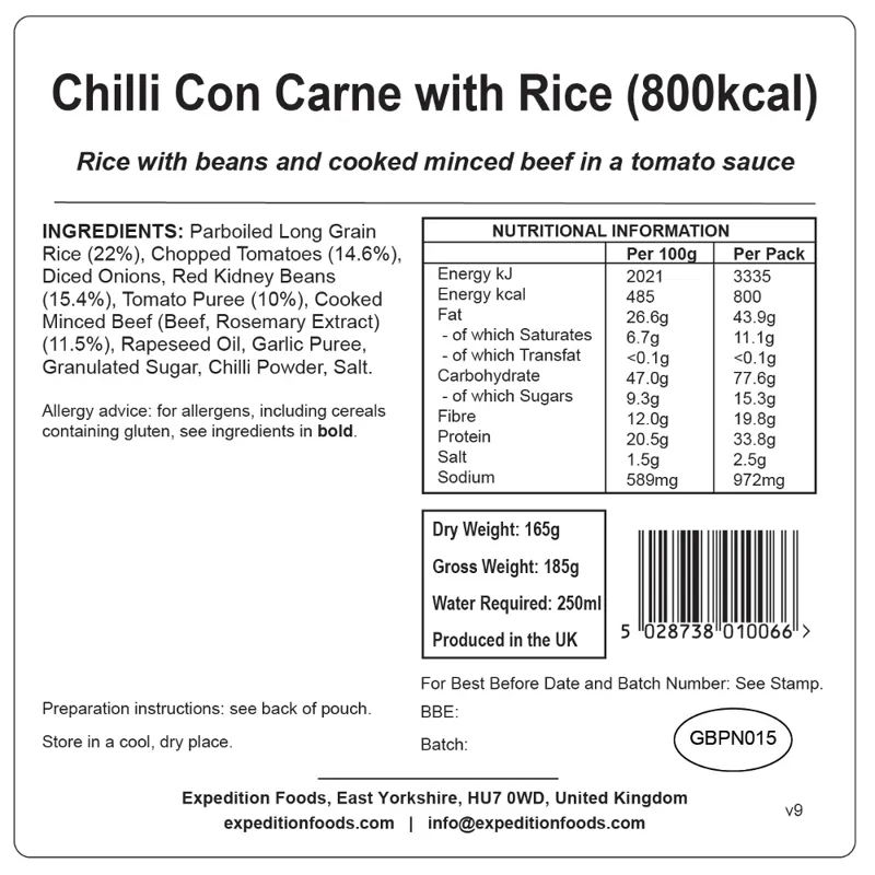 Expedition Foods Chilli Con Carne with Rice - 800kcal-1