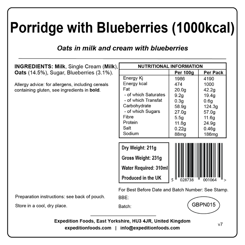 Expedition Foods Porridge with Blueberries - 1000kcal-1