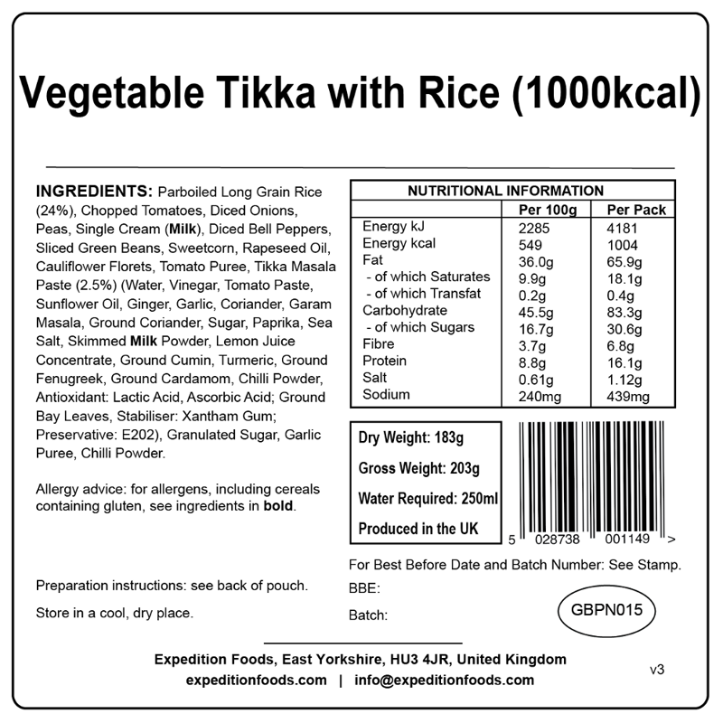 Expedition Foods Vegetable Tikka with Rice - 1000kcal-1