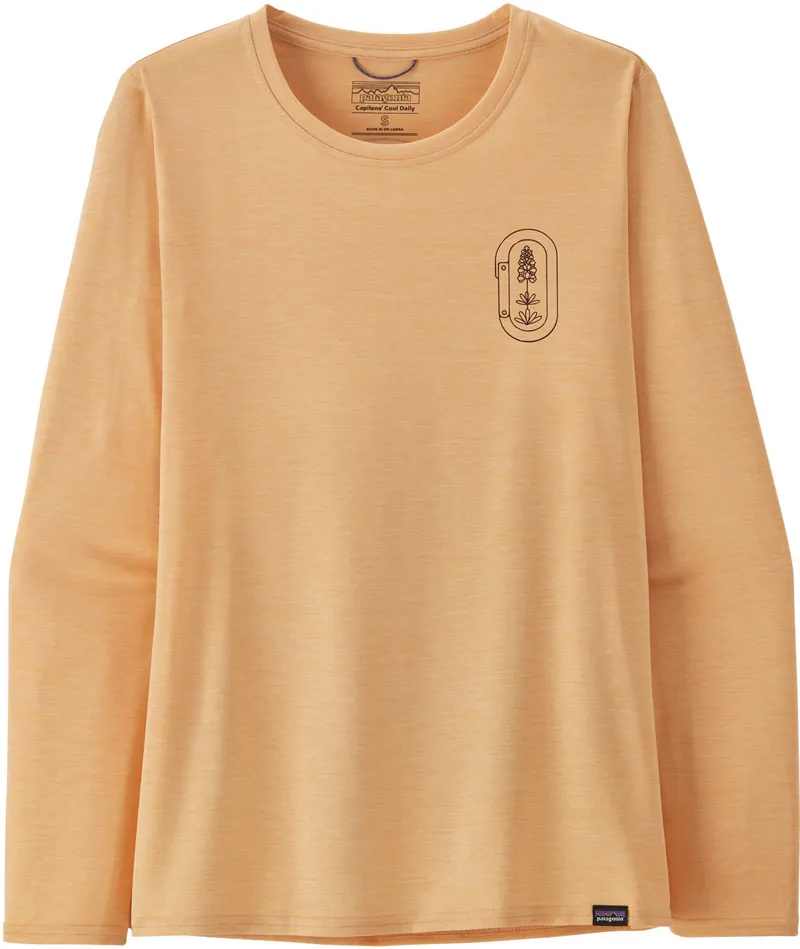 Patagonia Womens LS Cap Cool Daily Graphic Shirt - Lands Clean Climb Bloom-Sandy Melon X-Dye-1