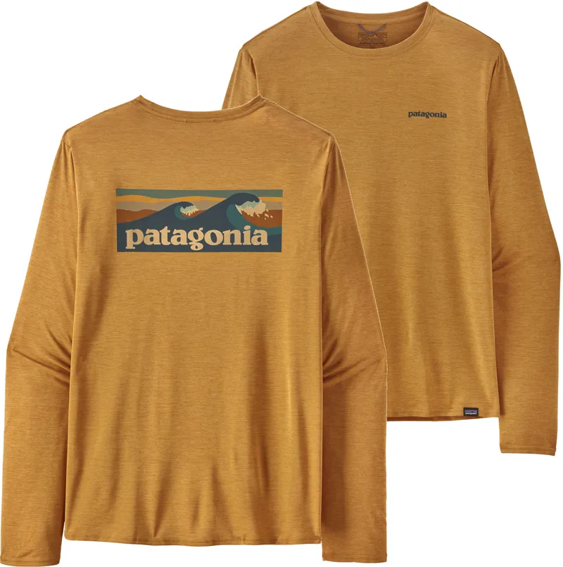 Patagonia Mens Long Sleeved Cap Cool Daily Graphic Shirt - Waters Boardshort Logo Pufferfish Gold X Dye
