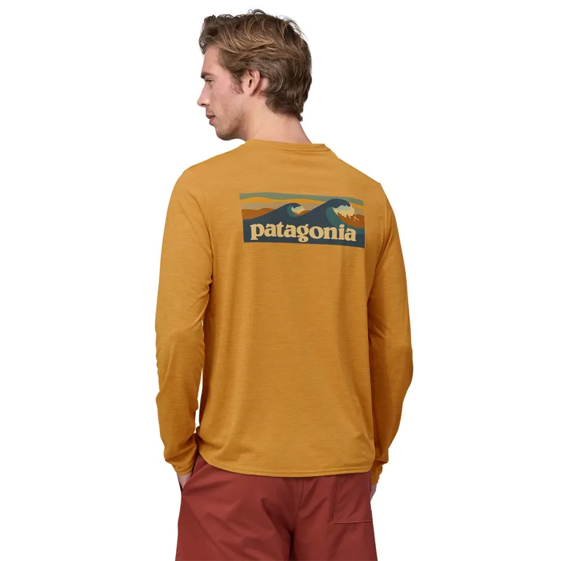Patagonia Mens Long Sleeved Cap Cool Daily Graphic Shirt - Waters Boardshort Logo Pufferfish Gold X Dye-4